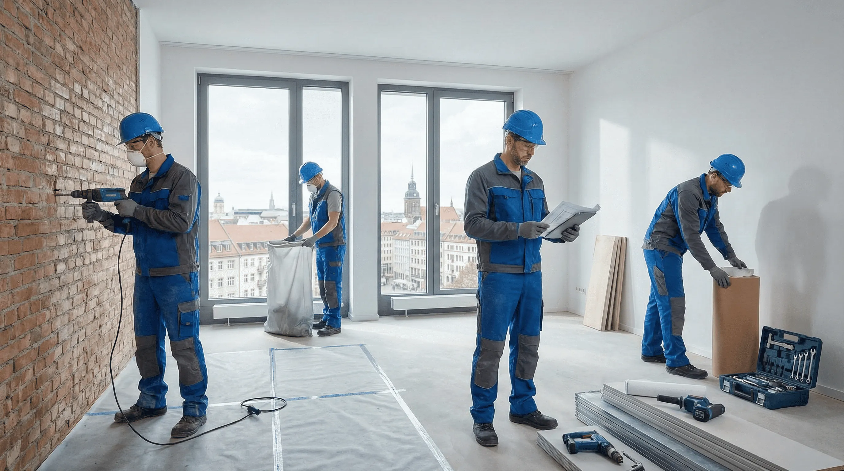 Mitarbeiter in Schutzkleidung auf einer Renovierungsbaustelle